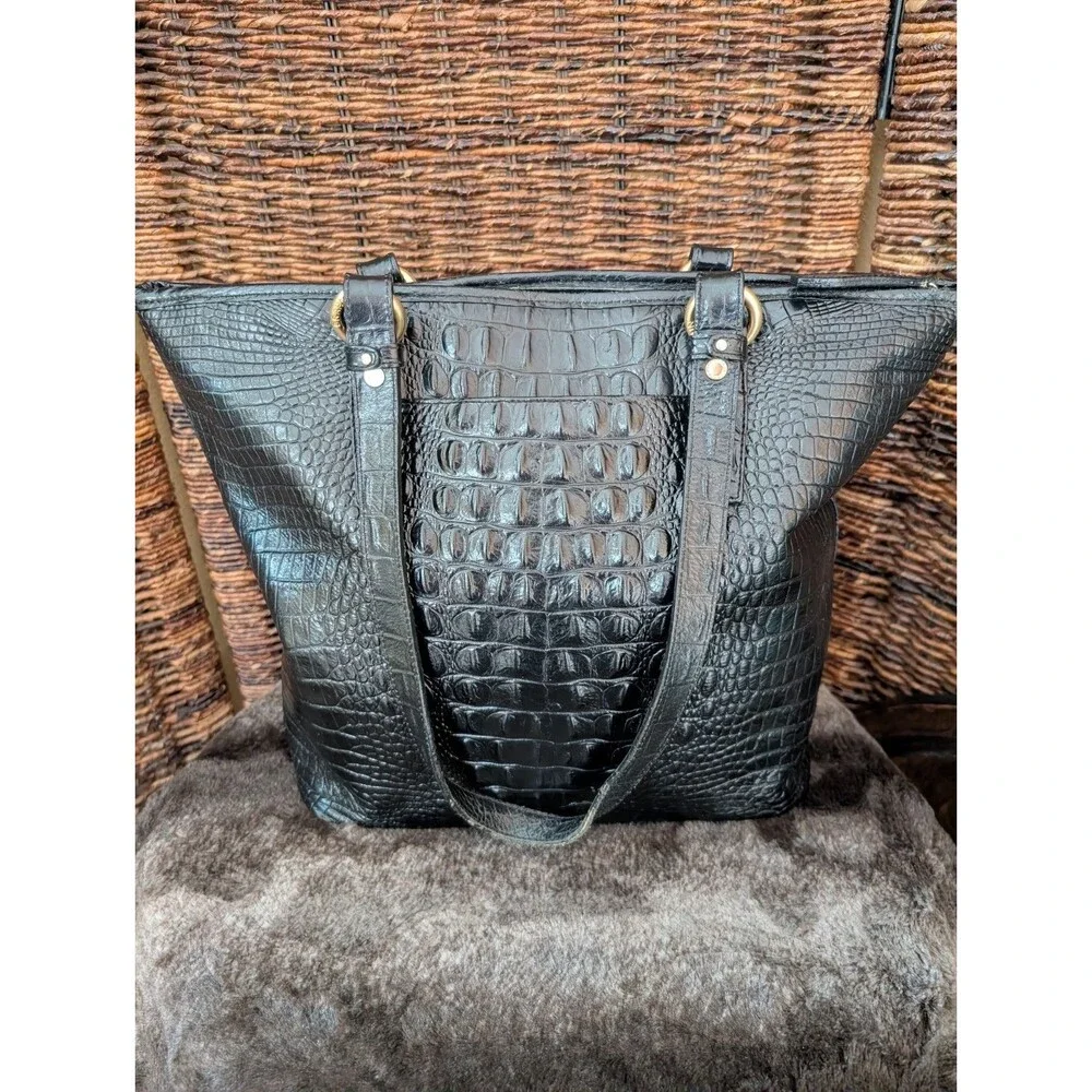 Brahmin Asher Medium Tote Bag Leather Croc Embossed Black Shoulder Purse Exotic